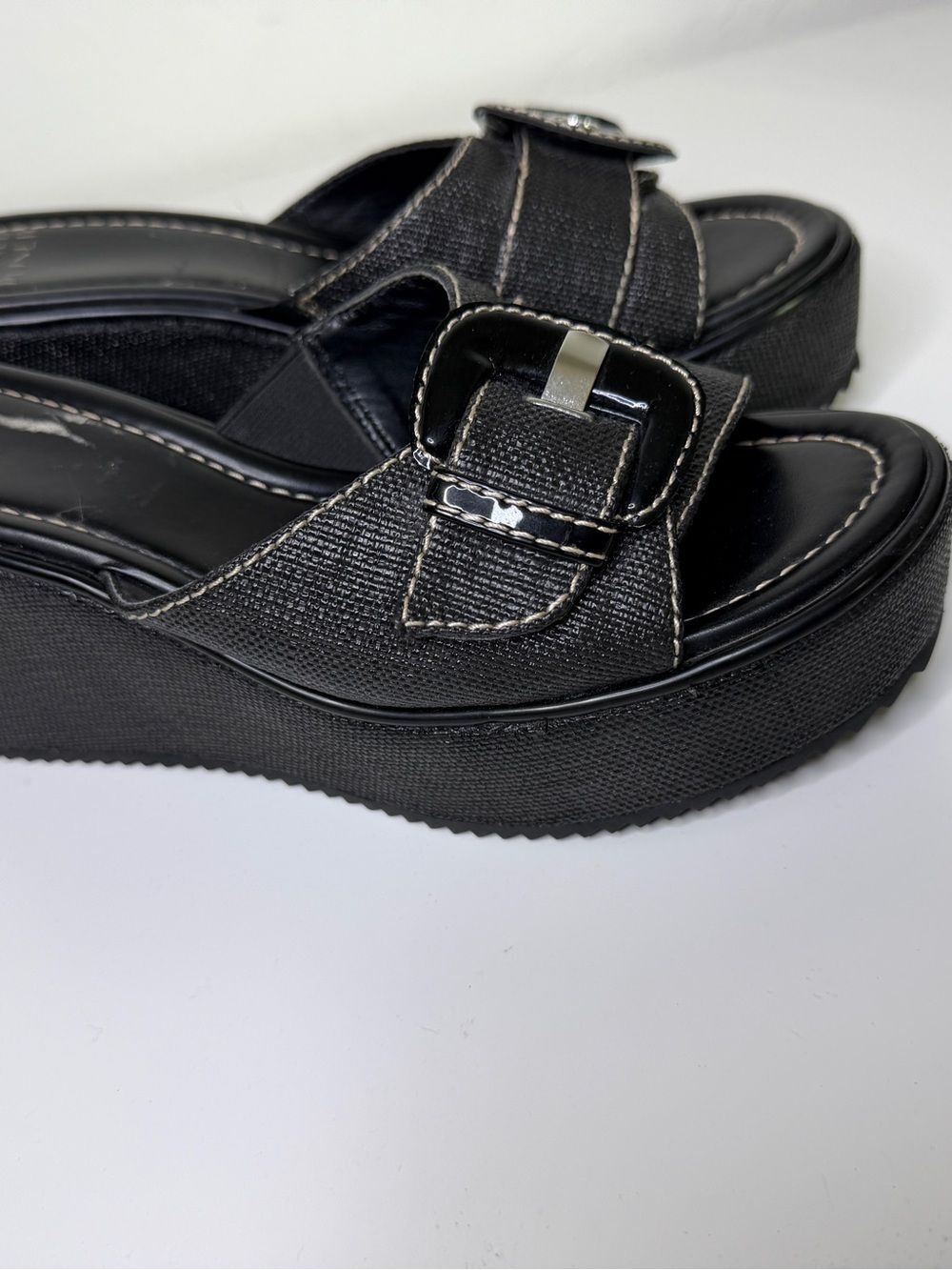 Donald Pliner Black Wedge Platform Slide Sandals with Buckle Y2k Fashion 9 - Picture 3 of 7